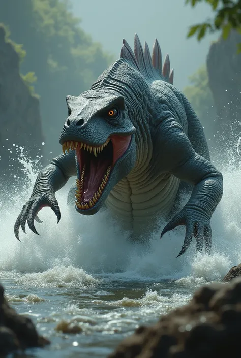 A wild angry gray Dinosaurs in water