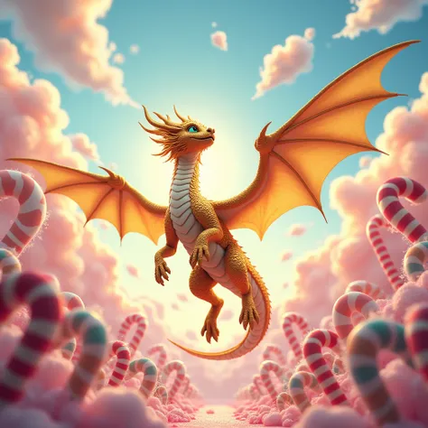 A golden dragon in a candy world is looking up at the sky