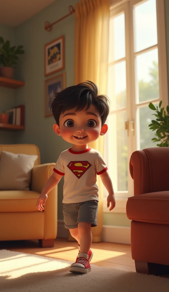 create a realistic picture, In a comfortable living room, Dika, a  boy, Dika wears a t-shirt with a picture of his favorite superhero and gray shorts. walked towards the stairs with a face full of curiosity.