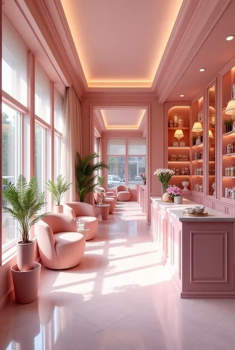 Create a physical store of our salon named “Rick Treats"  The color motif is pink and white.