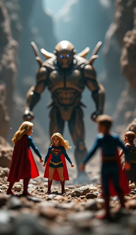 8k, masterpiece, (Miniature photography), Supergirl miniatures, miniatures recreating battle scenes,