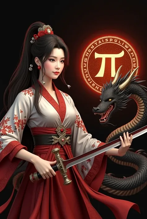 Three-dimensional image of a fantasy Chinese warrior girl. White and red warrior shirt with floral decoration. Red haired, wearing red earrings. green eyes. fair skin. Holding a Fire Sword. Behind the woman is a black dragon, Greek letter “π”in the circle ...