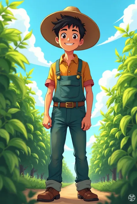 Create the image of a young farmer, with a farmers hat, MASCULINE, anime version drawing, smiling and thin