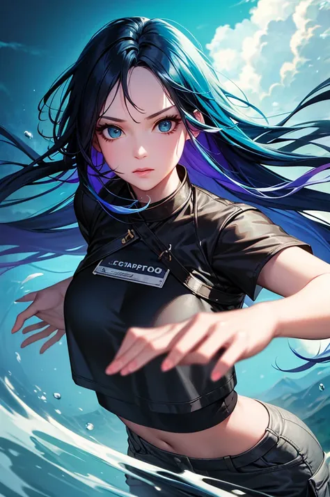 Award-winning Samdo art style、Wearing a crop top and cargo pants、Dark blue teal hair style with head movement、Half-body portrait of a beautiful woman with flowing hair。, Paint splashes, Splash, Overtake, Vaporware, Shaded flat illustration, Digital Art, Tr...