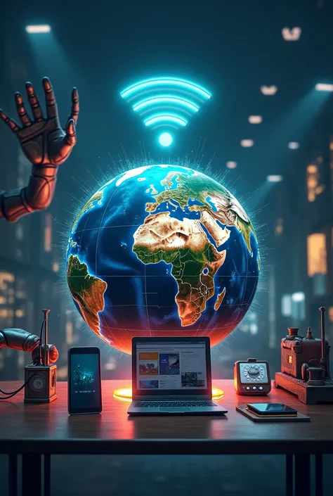 Large centered globe with telecommunication flares, next to him old broken antique telephone, cell phone, lapto, all connected to the world, robotic hand big wifi signal