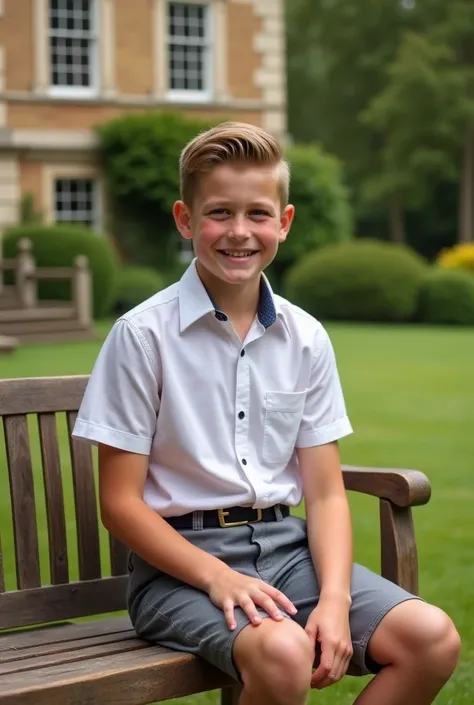 a British prince, a boy, , realistic, short hair, pose for a picture, wearing shirt and shorts, sitting on a bench in big yard, smile