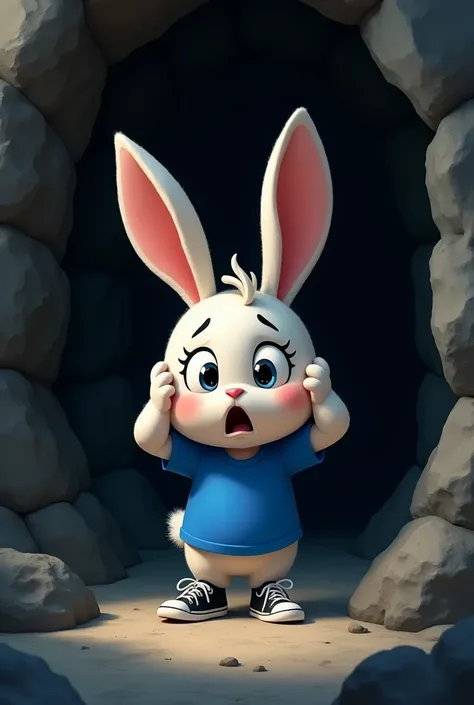 "A cartoon cute Rabbit character with round face and beautiful eyes, wearing royal blue colour t-shirt and black sneakers, covering ears and looking scared inside a dark cave."

