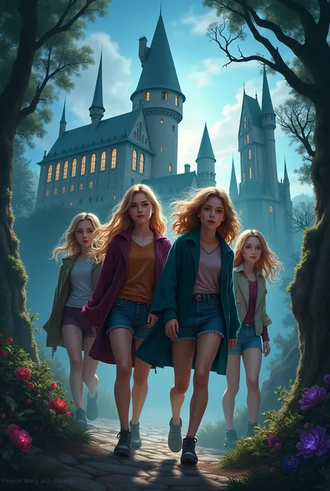 4 female friends in Hogwarts in adventurous, mysterious, thriller with magical creatures 
etc. story book poster