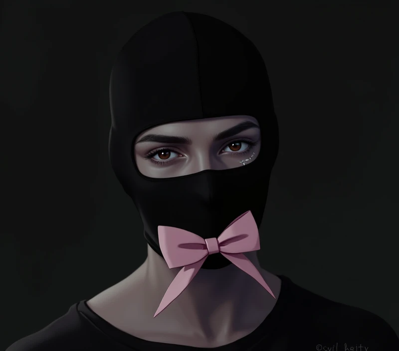 Man wearing black balaclava that only shows his mouth and a pink bow on the balaclava,right next to the forehead.He has an eyebrow piercing and dark brown eyes.. With fans, girls around with loving looks at him. Dark Vibe. He is western,white and realistic...