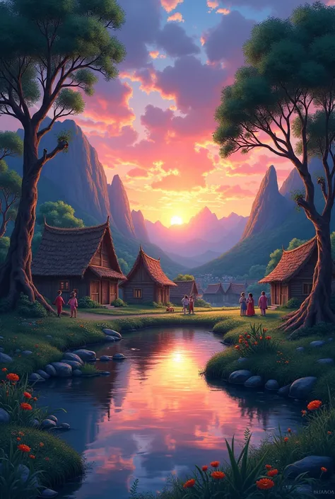 To create a picture of village, in this village picture have pond,people,trees,sunset etc.