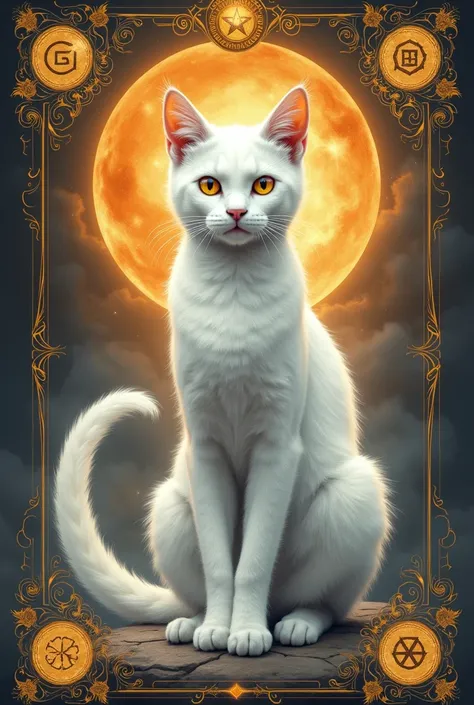 Tarot card with a white cat, orange and grey