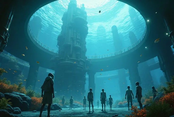 pic of a human civilization under the sea under a barrier that blocks the water