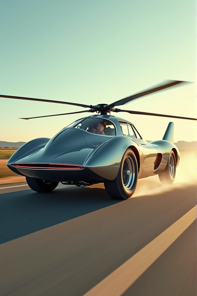 The flying car has the tail and wings of a helicopter