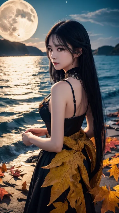 masterpiece, 最high quality, sea,night, full moon, Long black hair, woman, Performer, Mystical Moon, autumn leaves, high quality, Beautiful graphics, Attention to detail