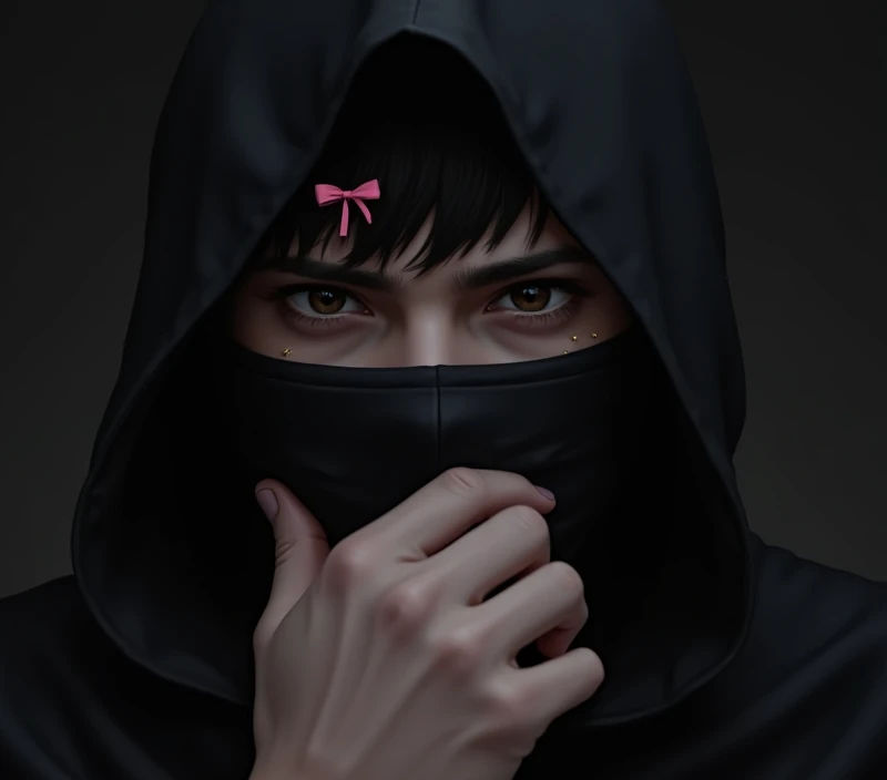 Man wearing black balaclava that only shows his mouth and a pink bow on the balaclava,right next to the forehead.He has an eyebrow piercing and dark brown eyes.. With fans, girls around with loving looks at him. Dark Vibe. He is western,white and realistic...