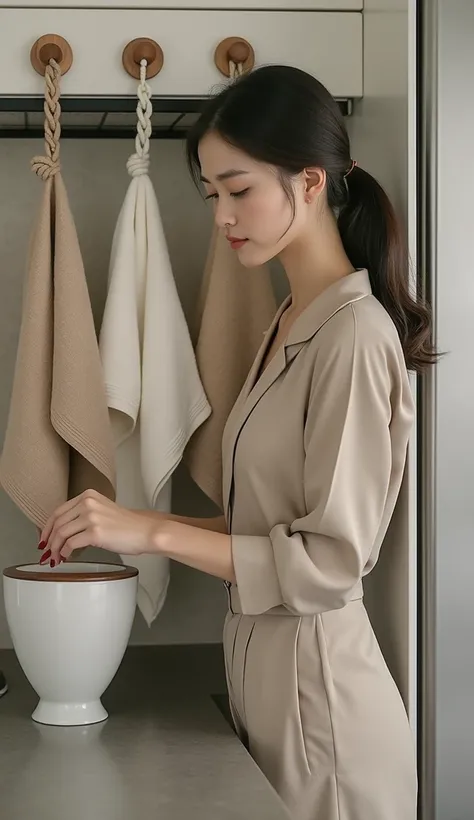 Hyper realistic photo of an Asia. Sophisticated housewife stands at the modern kitchen with Three hand towels in neutral, earthy tones (beige, cream, and light brown) are hanging from a white rail or shelf. Each towel is suspended by a decorative macramé h...