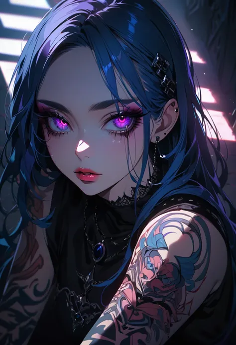 A beautiful goth girl with blue hair, extremely detailed eyes and face, long eyelashes, full lips, pink lips, septum piercing, arm tattoos, moody expression, dark fantasy, vibrant colors, cinematic lighting, dramatic shadows, intricate details, 8k, high qu...