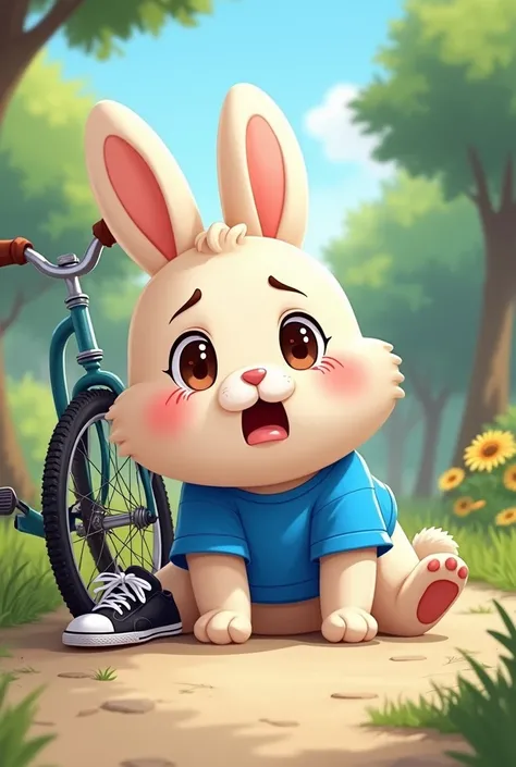 "A cartoon cute Rabbit character with round face and beautiful eyes, wearing royal blue colour t-shirt and black sneakers, Fall in bicycle and crying 

