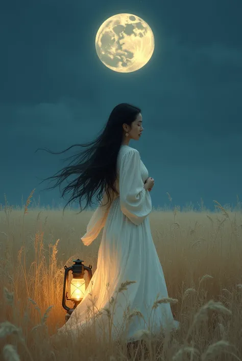 an asian woman with long black hair, putting on clothes,white housedress. bring patromax lamp,walking in a dry meadow, wheat grass, the night, full moon