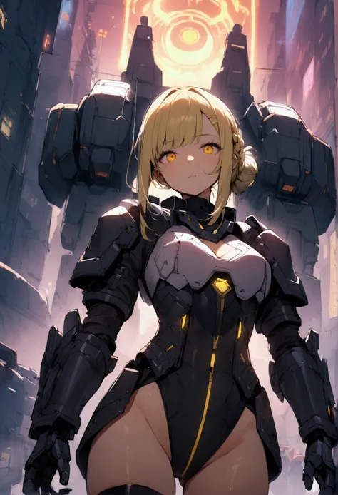 1 girl、Blonde Hair、Yellow Eyes、Single bun hairstyle、French Braid、Side Lock、horn、Hair accessories、leotard、Clothing cutouts、Central opening、Underbust、Side Bust、Shoulder pads、Gauntlet、Greaves、Breastplate、((v))、Viewer&#39;s perspective、Outdoor、masterpiece、Mech...