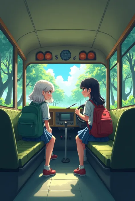 2 young  girls white and black haired school uniform inside of a big empty school bus on a forest with their backpack and the white haired girl on the drivers seat while the black haired girl watching from behind anime style