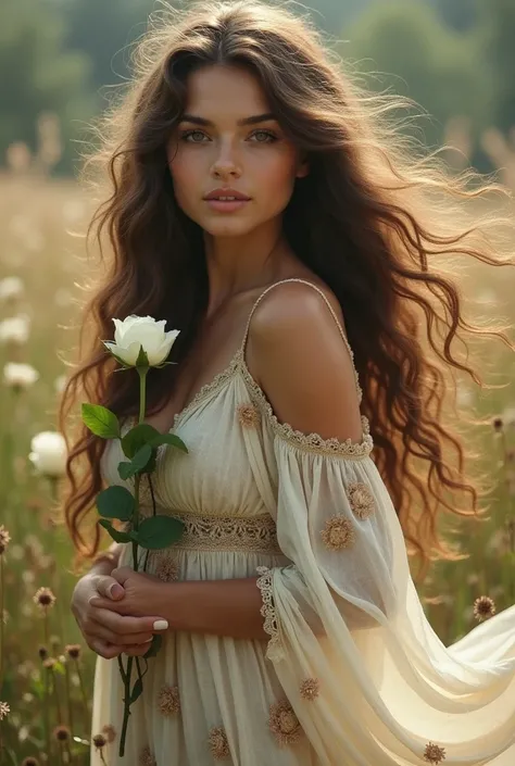 Beautiful girl with wavy long hair in bohemian dress, holding a white rose