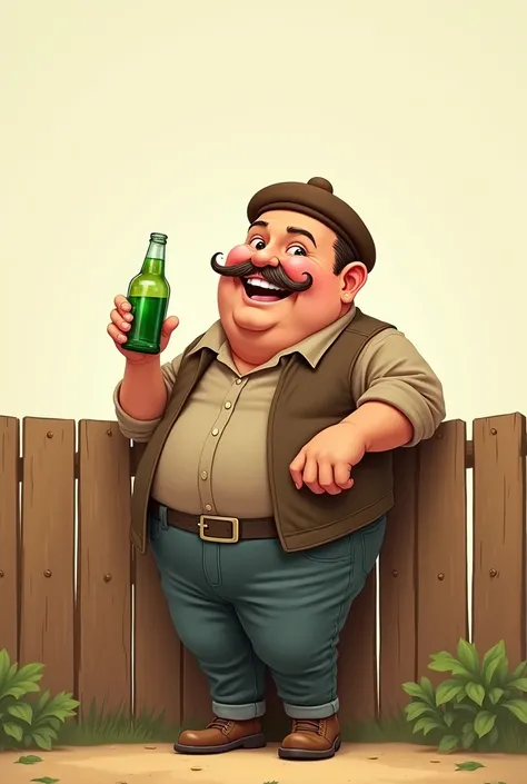 a short man with a belly, totally bald, with smiling brown beret with a mustache leaning one arm on a fence and holding a bottle of green beer in the other in a cartoon