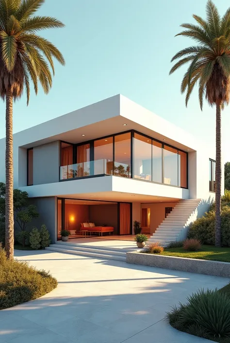 minimalist design, modern architectural , two-story house, flat roof, large windows, sleek lines, geometric shapes, shaded areas, staircase leading to entrance, clean landscape, palm trees in background, soft orange accent, light and shadow play, perspecti...