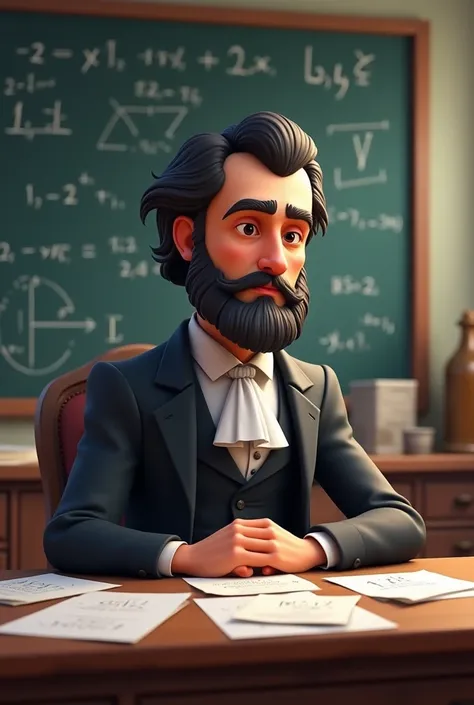 A cartoon character in fortnite style, similar to Carl Gustav Jakob Jacobi, a 19th-century German mathematician. He is depicted as a serious, thoughtful man in his mid-40s, with wavy dark hair and a neatly trimmed beard. He wears a classic 19th-century aca...