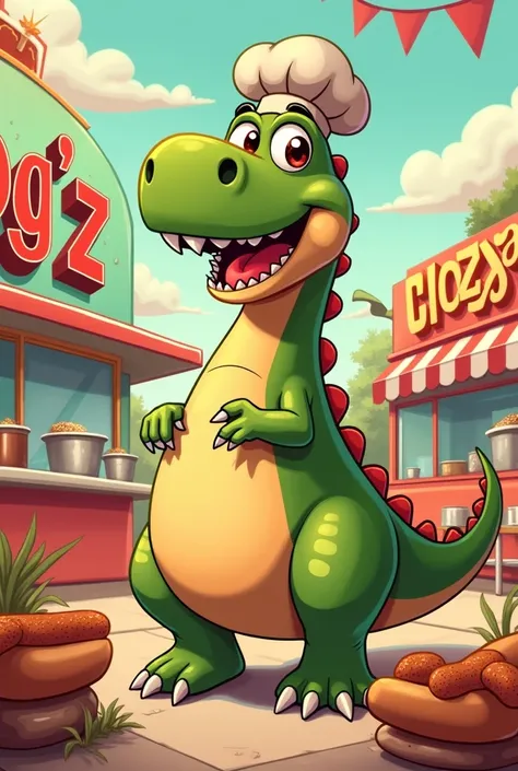 create a mascot for a hot dog company, with the company name "DOGZ". using a cartoon dinosaur as an example

