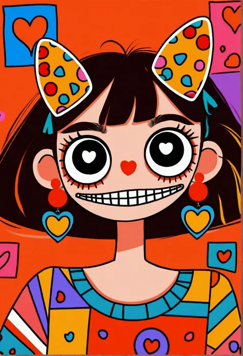 girl with bangs and cute bob haircut, wearing a playful skull mask with large hollow eyes and pointed ears, bright red square-shaped earrings, multicolored striped top, bold geometric design, standing pose, expressive cartoon style, worried facial expressi...