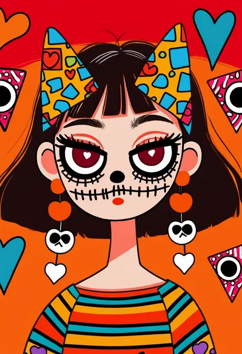 girl with bangs and cute bob haircut, wearing a playful skull mask with large hollow eyes and pointed ears, bright red square-shaped earrings, multicolored striped top, bold geometric design, standing pose, expressive cartoon style, worried facial expressi...