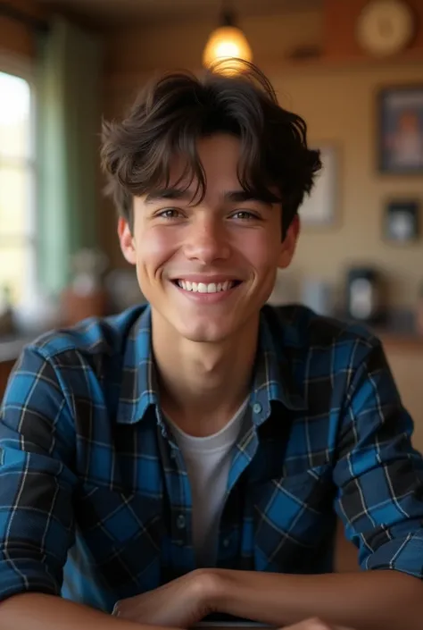 1boy, male_focus, solo, shirt, black_hair, plaid_shirt, plaid, indoors, blue_shirt, upper_body, teeth, looking_at_viewer, smile, blurry, blurry_background, table