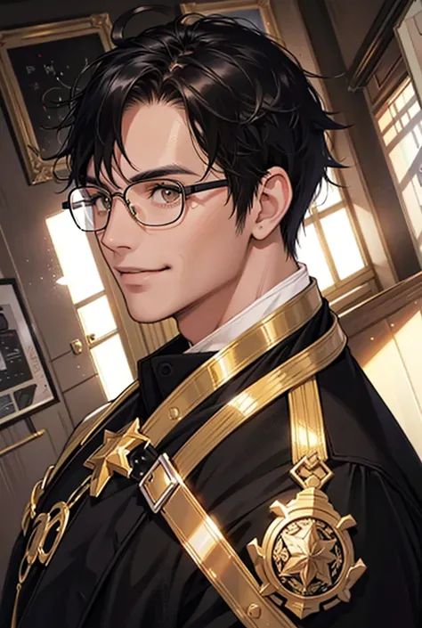 One Man, Adult male，Age 30，whole body，slim，High resolution, smile, Black Hair, Short Hair, Big Ahoge, Brown eyes，Glasses，Inside the room，Bright light，Black clothes，solo, Close-up, 