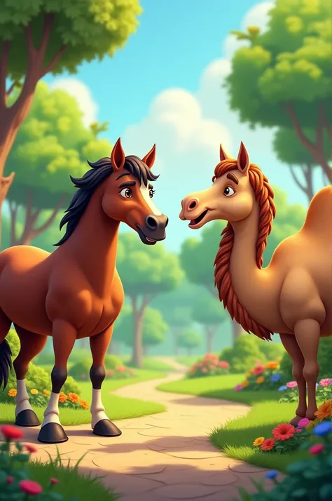 

 A vibrant park setting with a horse and a camel standing next to each other. The horse is looking proud, showing off its strong legs, while the camel is smirking with its distinctive hump.






These visuals can help bring the joke to life!

