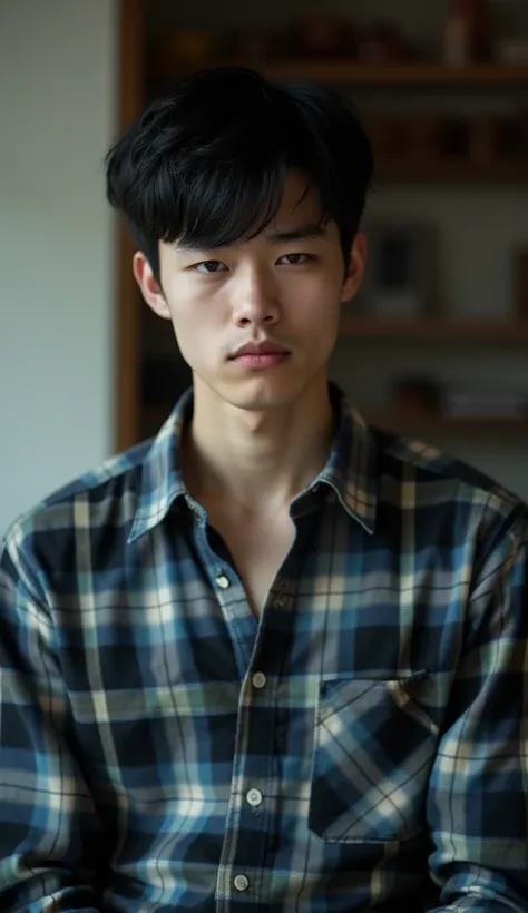 1boy, male_focus, solo, shirt, black_hair, plaid_shirt, plaid, indoors, blue_shirt, upper_body, teeth, looking_at_viewer, sad, blurry, blurry_background, table