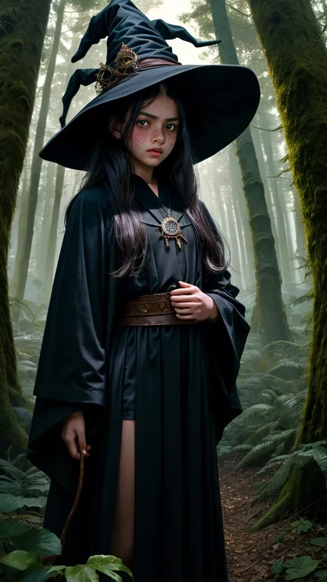 masterpiece, best quality, 1girl, solo, standing, black hair, freckles, wearing a witch hat, dark black robes, light skin, (12 years_old:1.5), magic spell on hand, blue magic aura, forest, cowboy shot