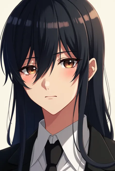 man, long black straight hair, brown eyes, anime style,with a suitSolo, Blush, fringe, 