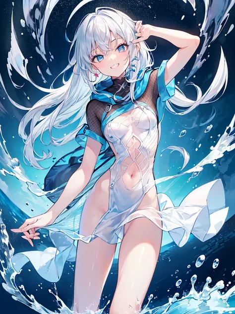 ((masterpiece)), ((Best Quality)), ((High resolution)), ((Highly detailed CG synthesis 8k wallpaper)), ((In the transparent sea:1.3)), ((Female Cartoon Character, White Hair, Light blue mesh, Cover your ears with hair, Smiling with teeth showing, Jagged te...