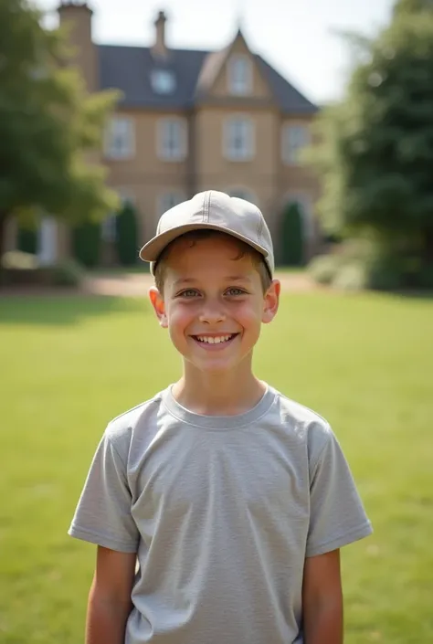 a British prince, a boy, , realistic, short hair, pose for a picture, wearing t-shirt, wearing a cap, standing on big yard, smile at the camera