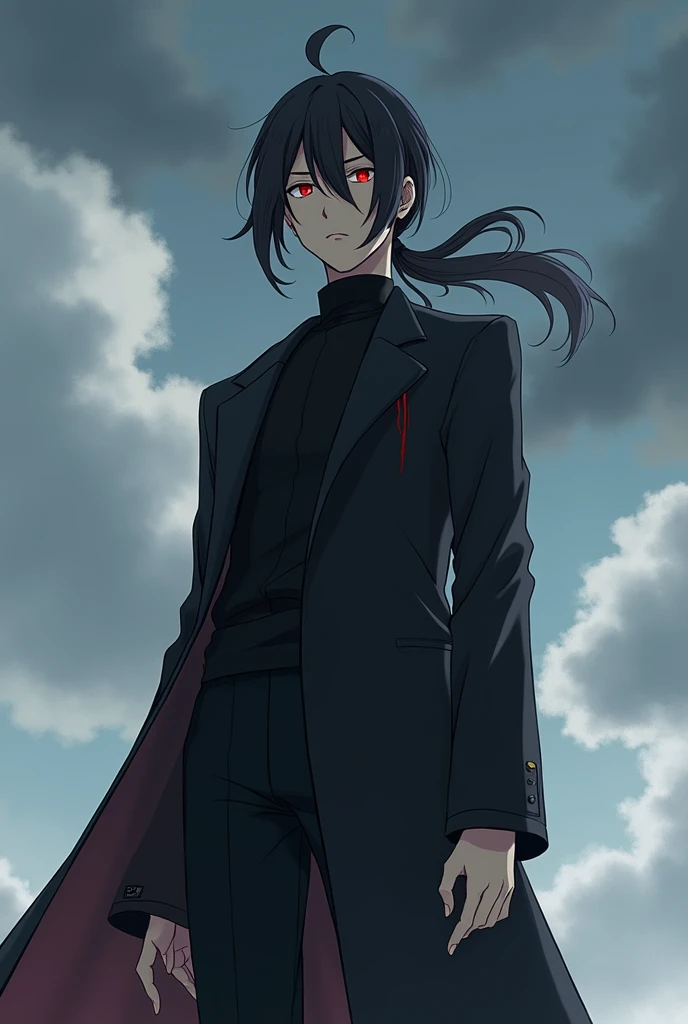 Anime picture of a young man, 20 years old, 190 cm tall, with black hair tied back, red eyes, a slightly lazy personality, wearing a black jacket with a long black coat, looking with a cold, emotionless gaze, with a bloodstain on him, and the atmosphere is...