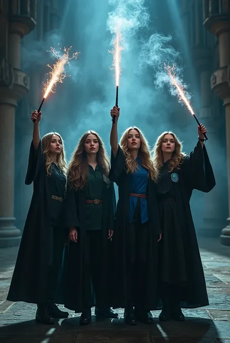 4 female friends in Hogwarts in different houses in main hall in adventurous, mysterious, thriller with magical wands raising wands pose
etc. story book poster