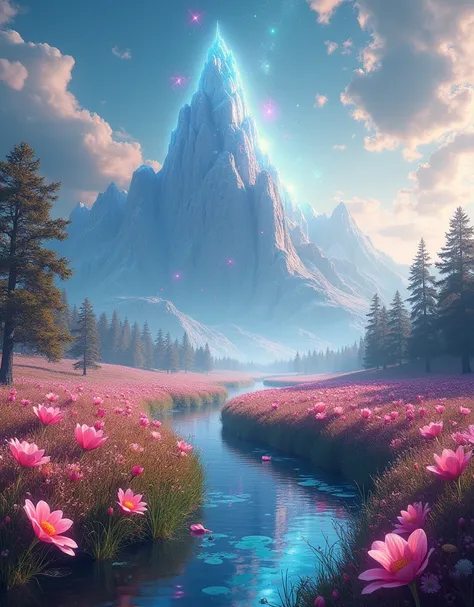 A surreal landscape for the cover of a Photoshop launch screen, featuring a dreamlike scene with a fantastical blend of elements. The foreground shows a vibrant, lush meadow with oversized, luminescent flowers and floating geometric shapes. In the backgrou...