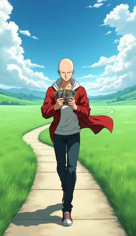 Saitama walking down a sidewalk in a field with anime cards in his hand while he is fighting
