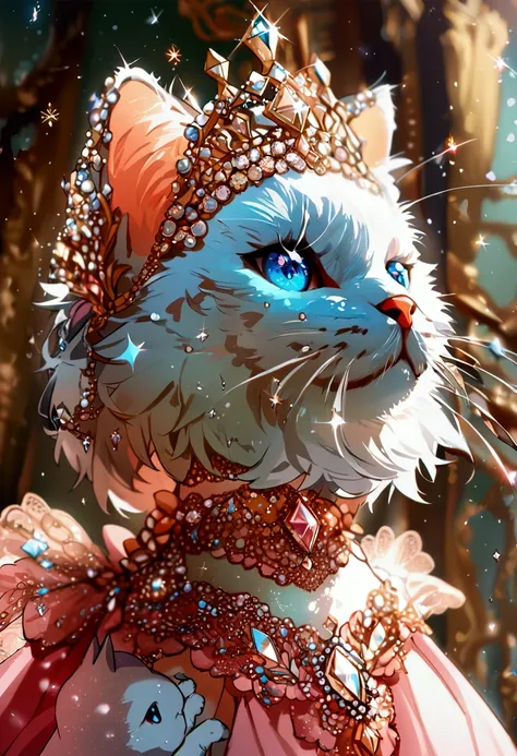 A chibi-designed white cat with bright blue eyes, studded with sparkling diamonds,Diamond crown wearing diamond ring , Diamonds Falling From The Sky Wearing A Pink Diamond Dress, Royal background