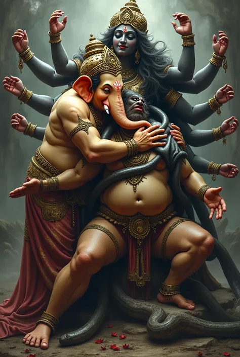 Highly detailed image, chubby ganpati bappa with goddess well built kali with ten arms , hugging her from behind, squeezing breast his snake is coming out between her legs touching her covered vagina 