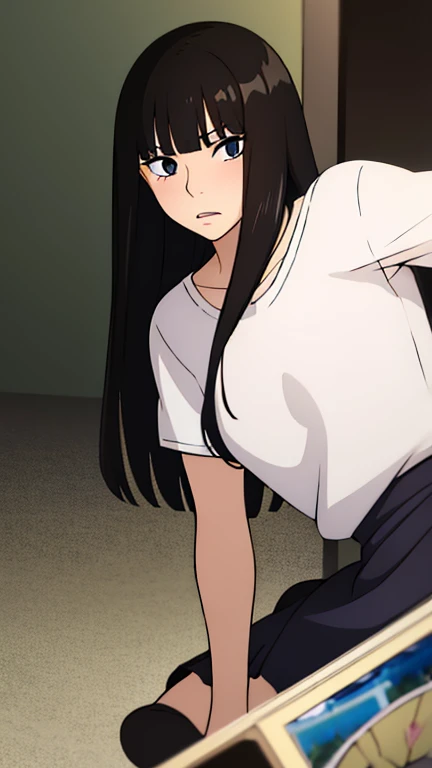 ((best quality)),((highly detailed)),masterpiece,absurdres,detailed face,beautiful face,((detailed eyes, deep eyes)),((dynamic pose)), sawako, 1femboy, girly, otokonoko, transgender, femboy, black hair, solo, long hair, bangs, black eyes, blunt bangs, blus...