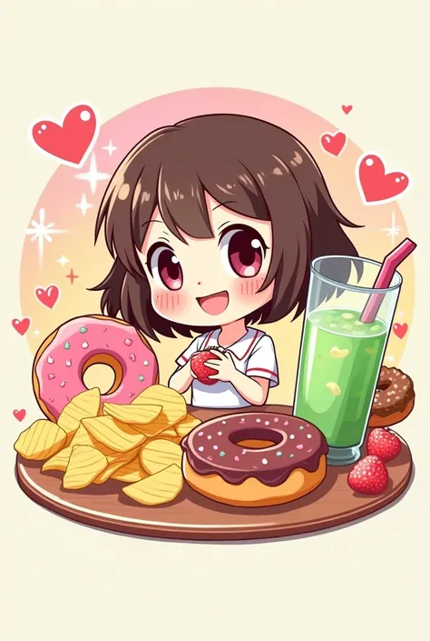 make a anime girl logo about dougnut, potato chips and melon juice 