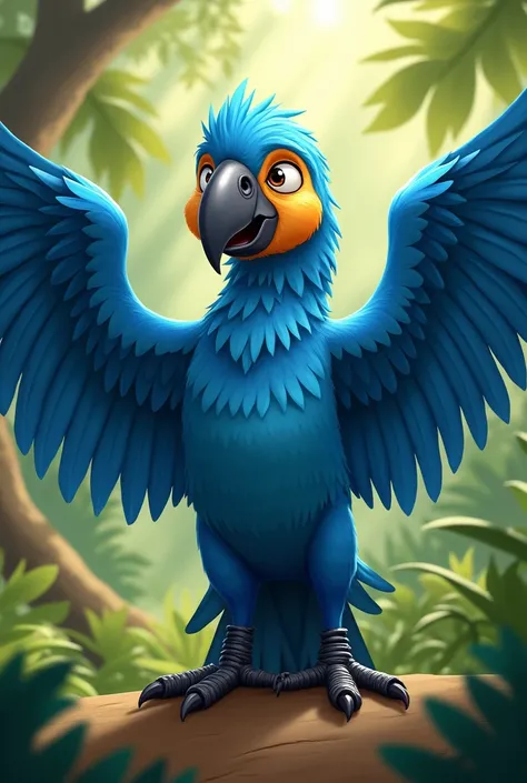 Make a realistic cartoon style blue macaw with open wings