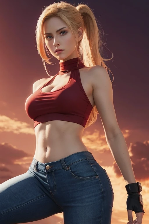 anime - style image of a woman in a red top and blue pants, android 18, cutesexyrobutts, annie leonhart, (sfw) safe for work, looking like annie leonhart, cammy, highly detailed exquisite fanart, fight pose, high quality fanart, commission for high res, mo...